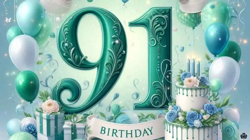 ein charmantes und festliches Bild zum 91. Geburtstag mit der Zahl "91" in einer eleganten und skurrilen Schriftart in Smaragdgrün oder Saphirblau