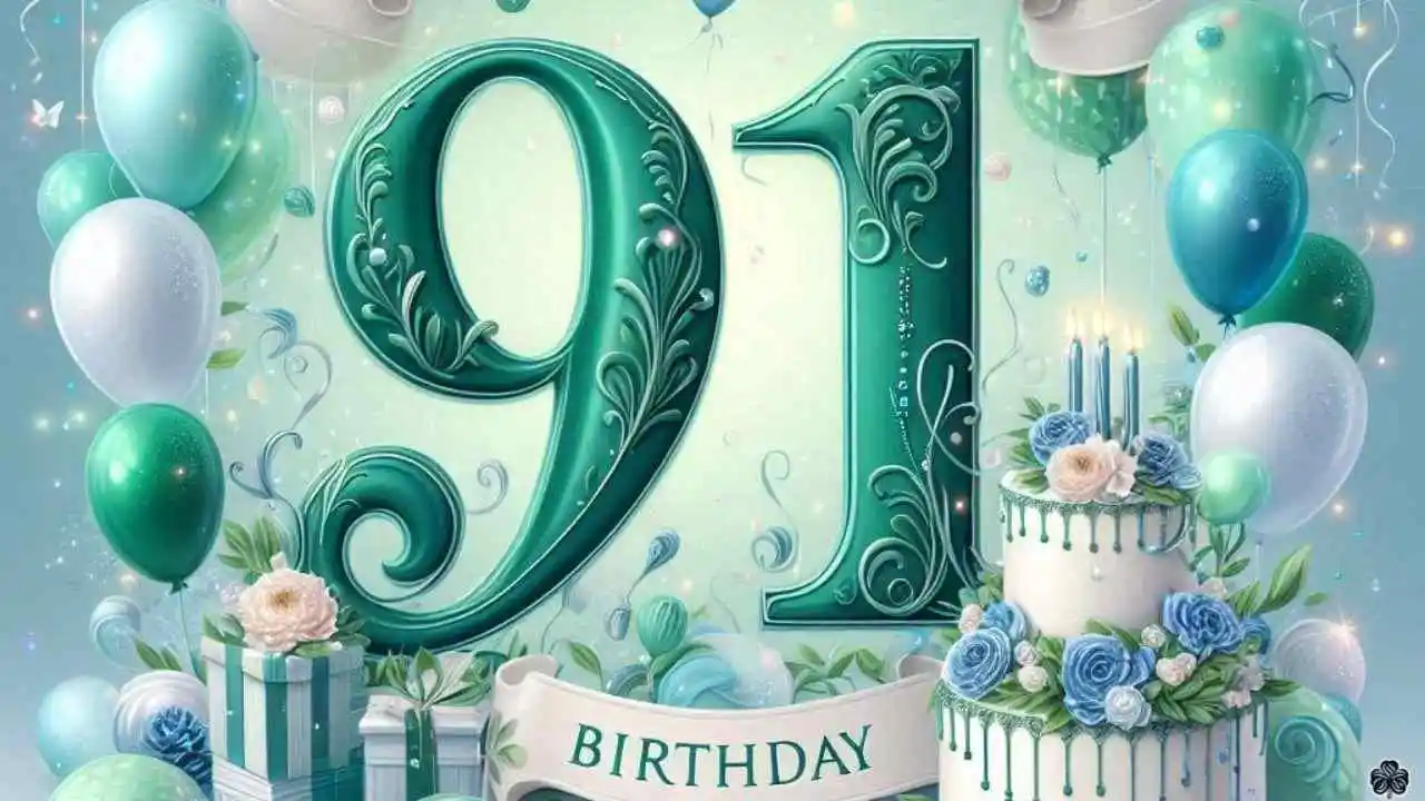 ein charmantes und festliches Bild zum 91. Geburtstag mit der Zahl "91" in einer eleganten und skurrilen Schriftart in Smaragdgrün oder Saphirblau