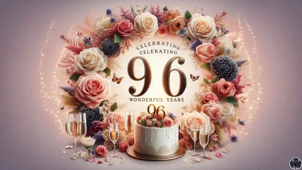 Ein elegantes und herzliches Bild zum 96. Geburtstag mit der Zahl "96" in einer raffinierten Schriftart, umgeben von einem Kranz aus Rosen, Pfingstrosen und Chrysanthemen in Juwelentönen,