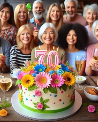 Elegante dreistufige 70. Geburtstags-Torte mit goldenen Akzenten, handgemalten Blumen und frischen Rosen, perfekt für eine besinnliche Feier.