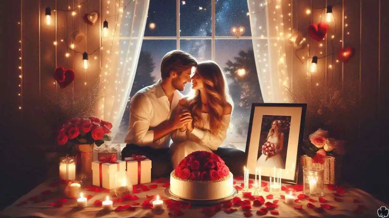 Eine emotionale Geburtstagsszene mit einem liebenden Ehepaar in einem gemütlichen, sanft beleuchteten Raum mit Geburtstagsdekoration.