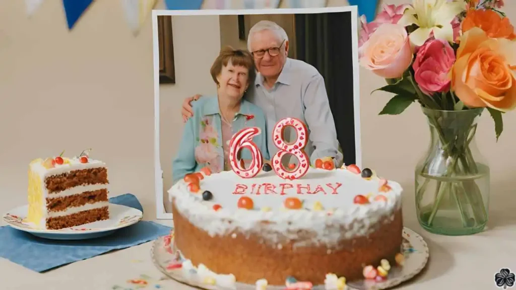 Feier zum 68. Geburtstag mit Kuchen und Blumenkübeln