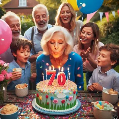  Feier zum 70. Geburtstag einer Frau, die von ihrer Familie umgeben ist und zum Anschneiden der Torte die Kerzen ausbläst.