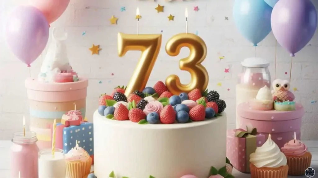 73. Geburtstag mit Torte mit Geburtstagsnummer. 73 und Luftballons im Hintergrund
