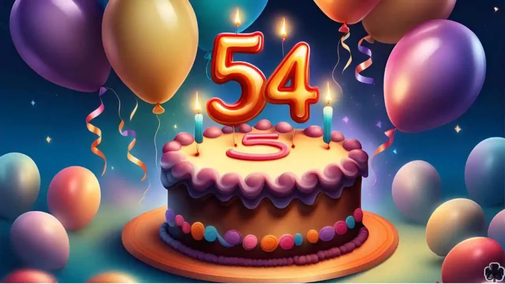 Ein verträumtes Bild zum 54. Geburtstag mit Kuchen und verträumten fliegenden Luftballons