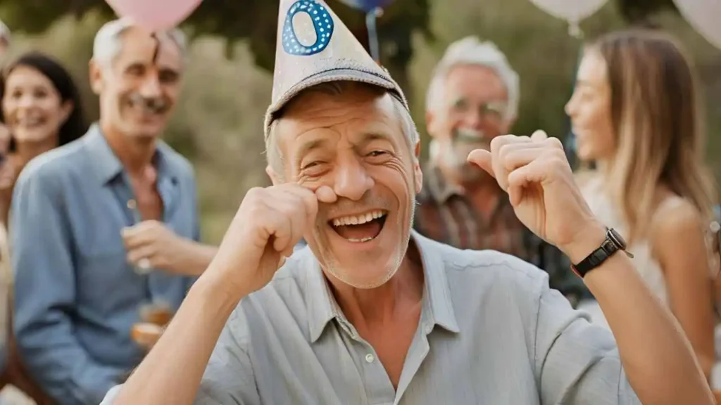 Ein 60-jähriger Mann feiert seinen 60. Geburtstag mit Freunden und Familie