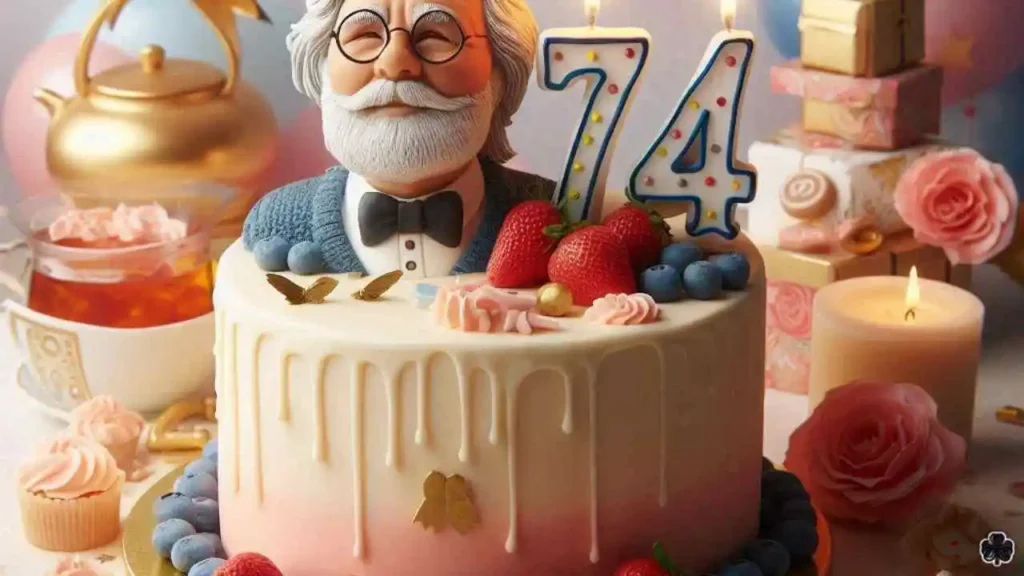 Alles Gute zum 74. Geburtstag - ein 74-Jähriger mit Geburtstagskuchen und Süßigkeiten