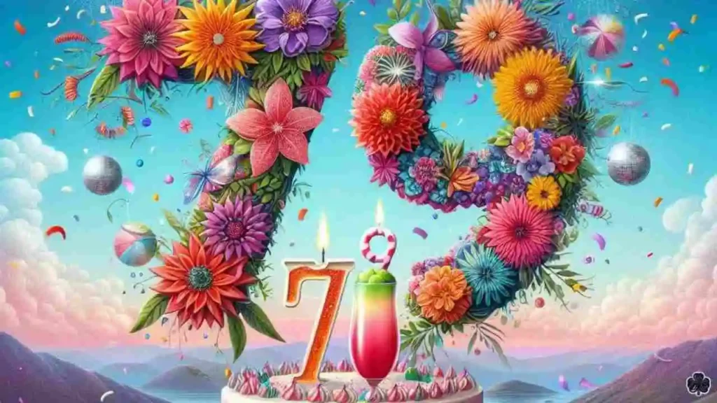 Ein lebendiges Bild zum 79. Geburtstag mit den Ziffern "7" und "9", die kreativ als verschlungene Blumen oder funkelnde Discokugeln gestaltet sind