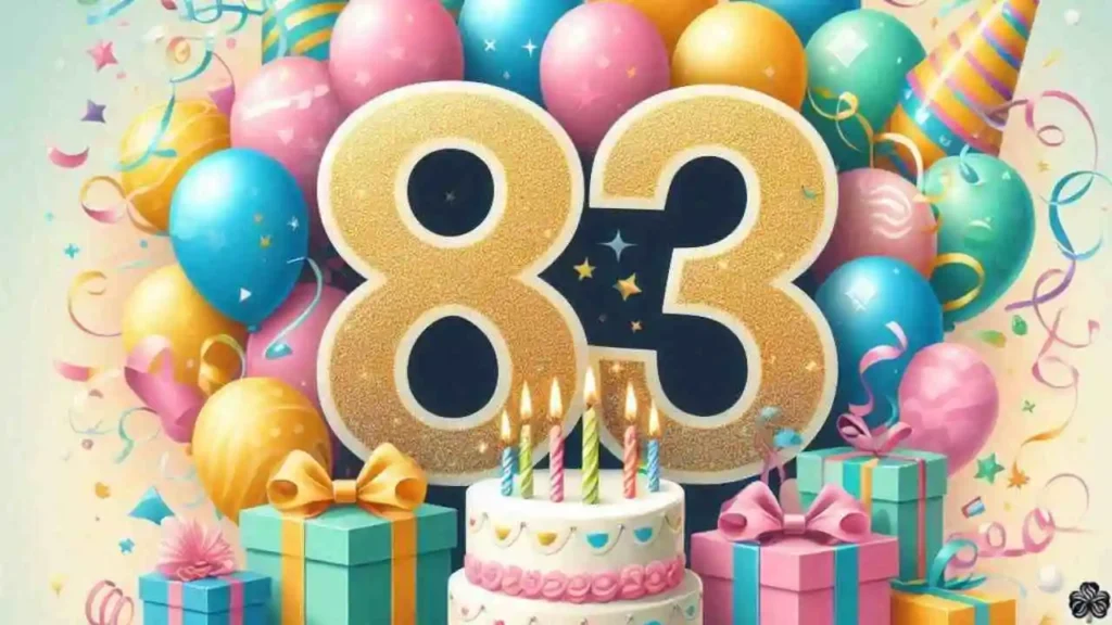 Ein lebhaftes und fröhliches Bild zum 83. Geburtstag mit der Zahl "83" in eleganter und festlicher Typografie mit einem Hauch von Gold oder Glitter