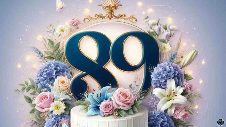 Ein elegantes und fröhliches Bild zum 89. Geburtstag mit der Zahl "89" in einer anmutigen Schriftart in Tiefblau oder Gold