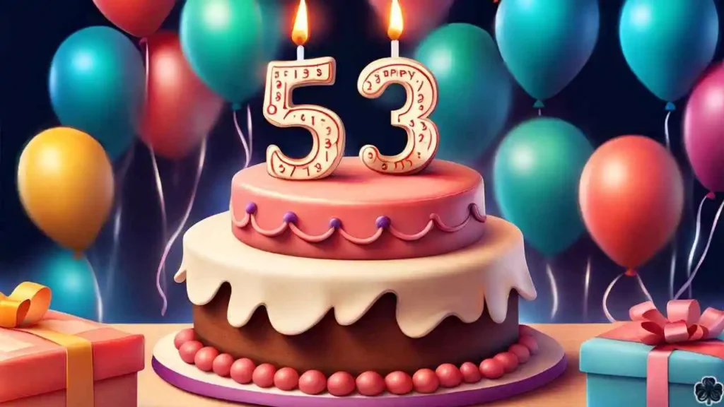 Torte zum 53. Geburtstag mit der Zahl 53 und dekorativen Luftballons