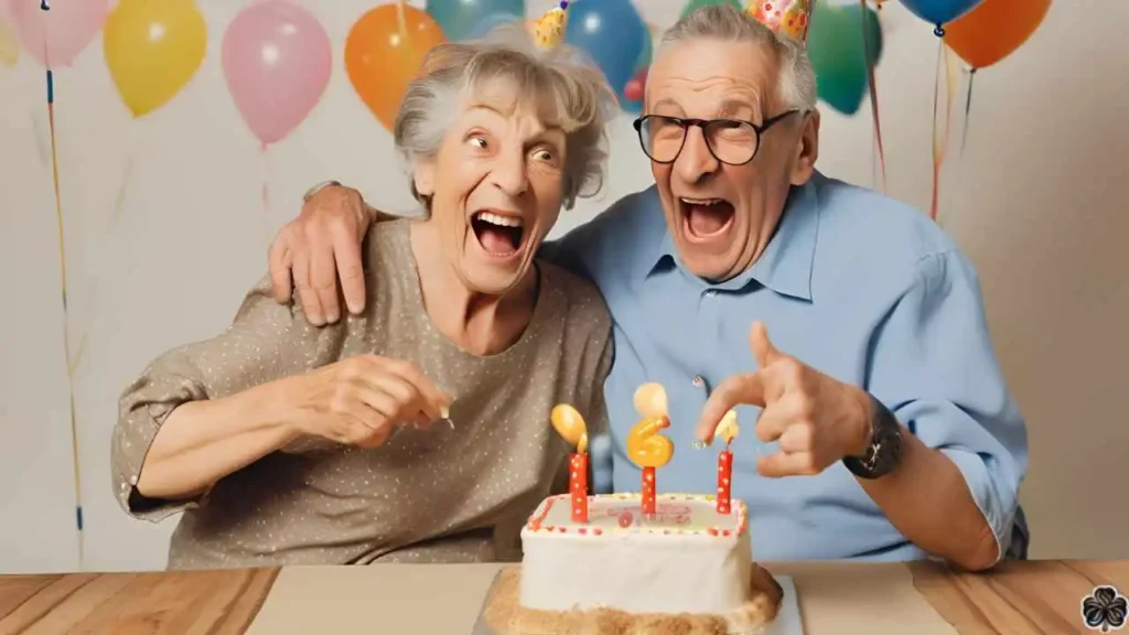 Alles Gute zum 63. Geburtstag Mann und Frau werden 63 und feiern Geburtstag mit Kuchen und Luftballons