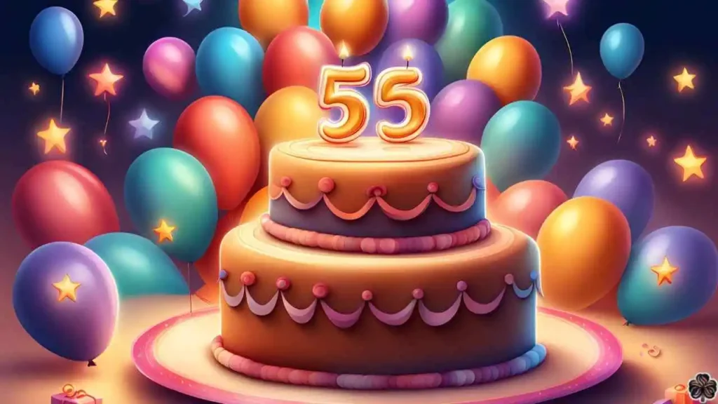 Kuchen zum 55. Geburtstag mit Kerzen und Luftballons