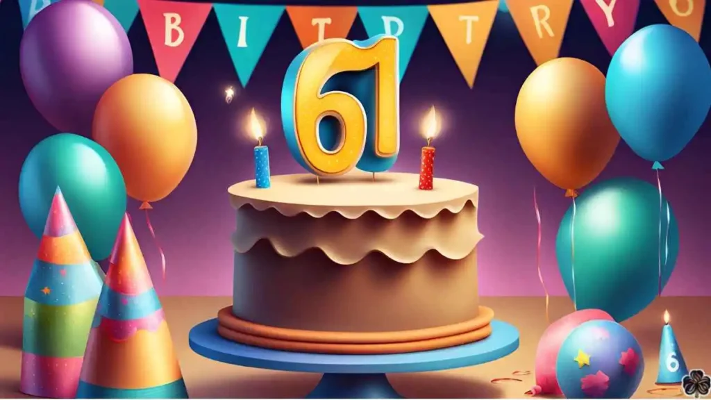 Kuchen zum 61. Geburtstag mit 2 Kerzen, Luftballons und Raketen