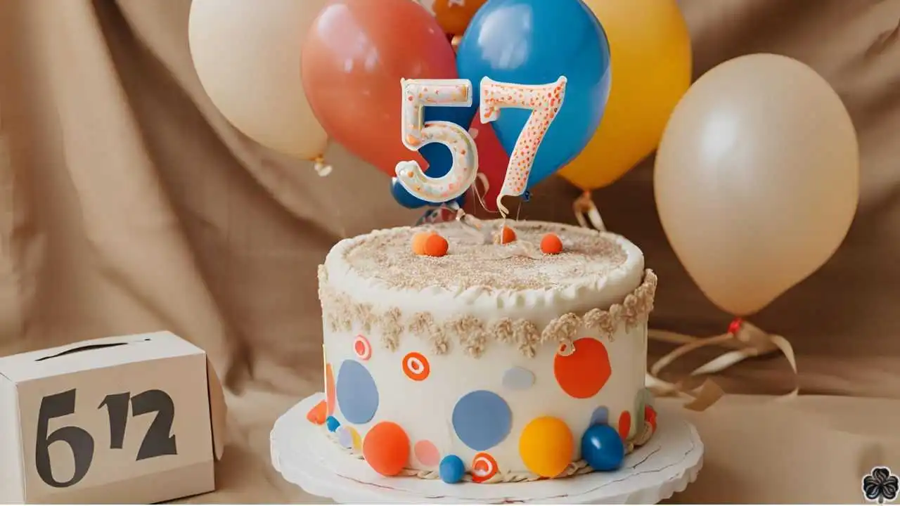 Torte zum 57. Geburtstag mit Luftballons und Geschenken