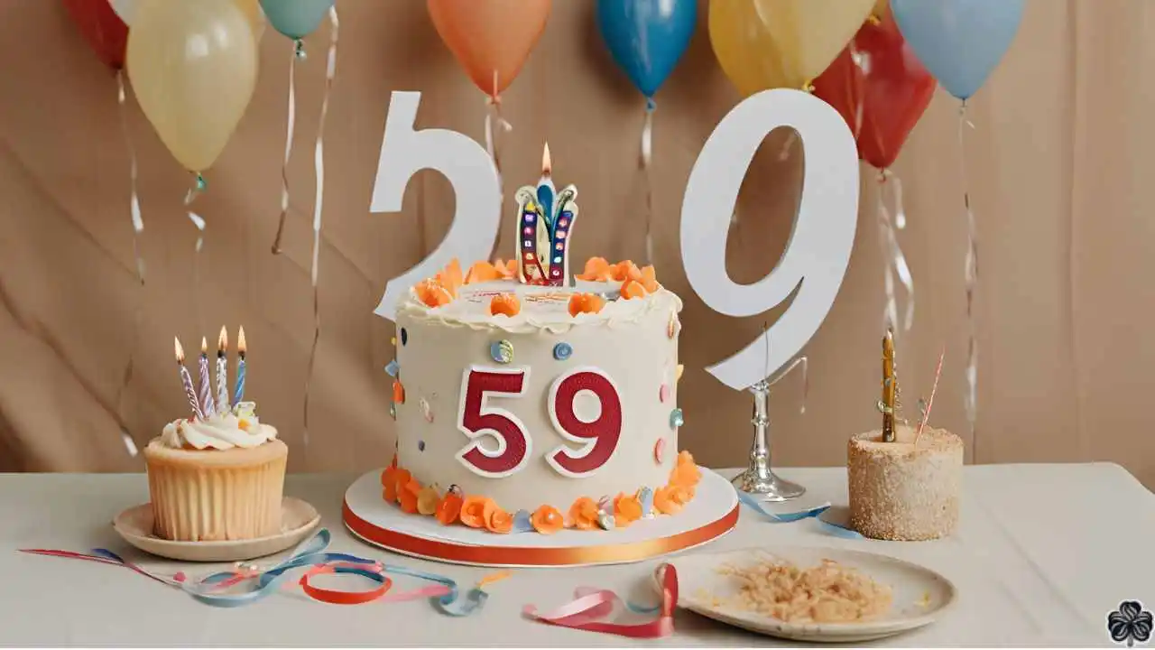 Eine Torte zum 59. Geburtstag auf einem Tisch mit Kerzen und Luftballons