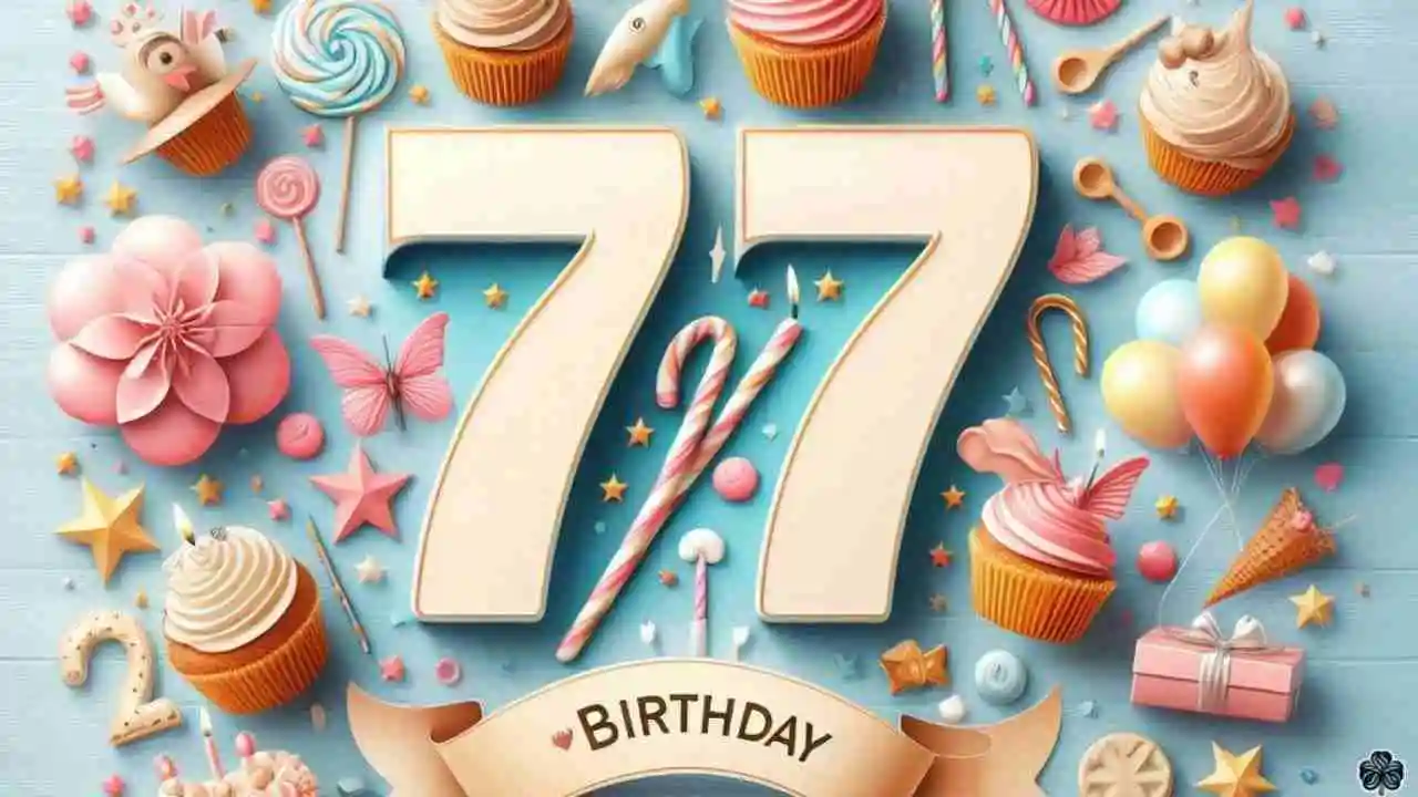 Alles Gute zum 77. Geburtstag mit der Geburtstagszahl 77 und anderen Geburtstagselementen