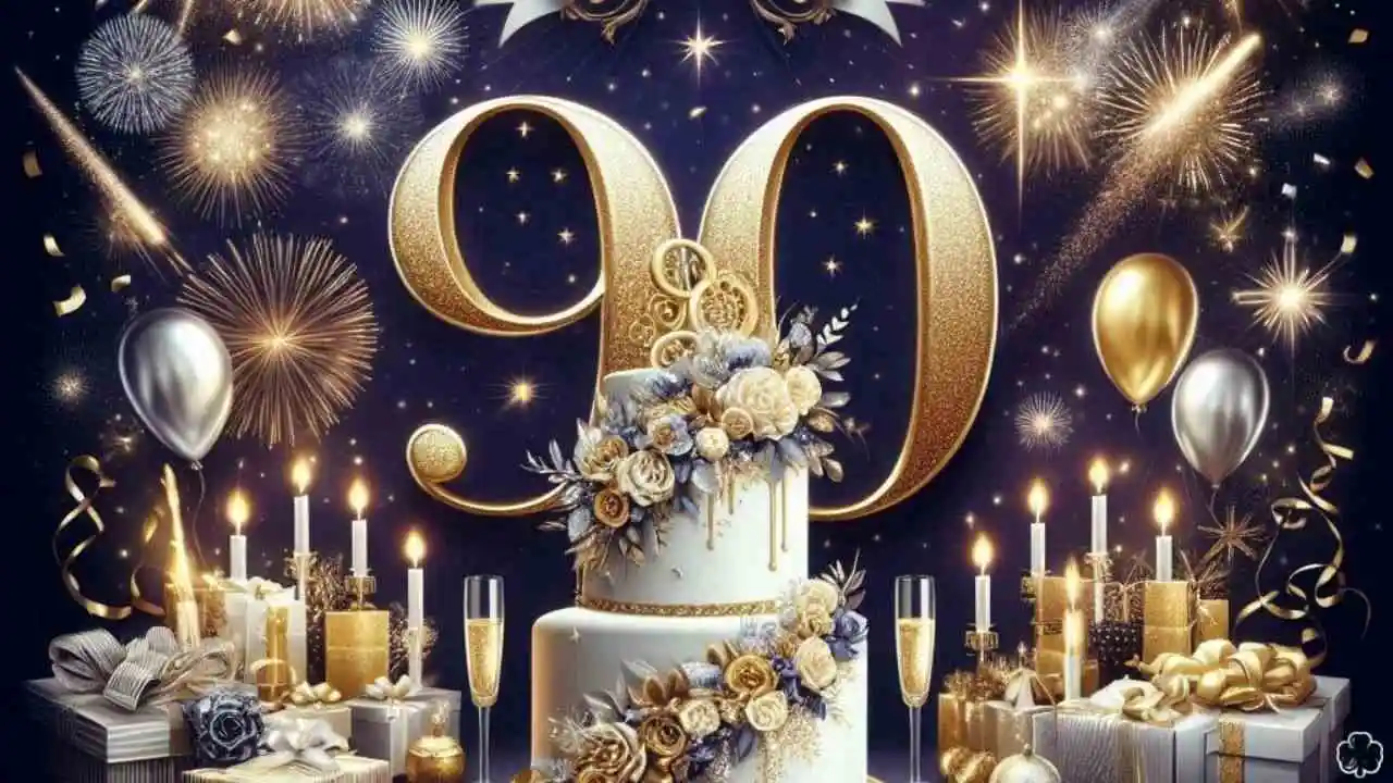 Ein großartiges und feierliches Bild zum 90. Geburtstag mit der Zahl "90" in der Mitte in einer luxuriösen Schriftart in Gold oder Platin,