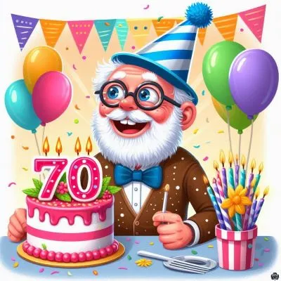 ein lustiges Bild zum 70. Geburtstag, auf dem ein 70-Jähriger einen lustigen Hut trägt und seinen Geburtstag mit einer Torte mit 70 Kerzen feiert