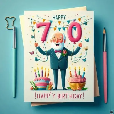 Funny 70. Geburtstag ein 70 Jahre alt hält Luftballons mit dem Namen 70 Jahre alt und umgeben von Dekoration und Kuchen.