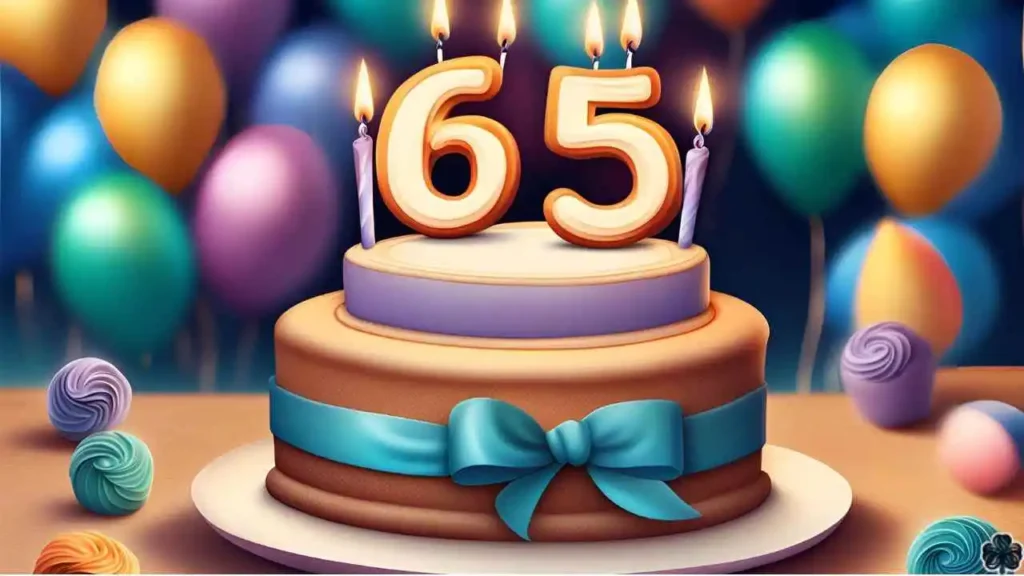 Ein Bild einer Torte zum 65. Geburtstag mit Kerzen darauf