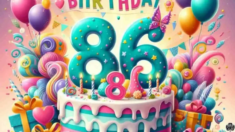 Ein lebendiges und bezauberndes Bild zum 86. Geburtstag mit der Zahl "86" in der Mitte in einer skurrilen und verspielten Schriftart in leuchtenden Farben wie Teal oder Magenta.