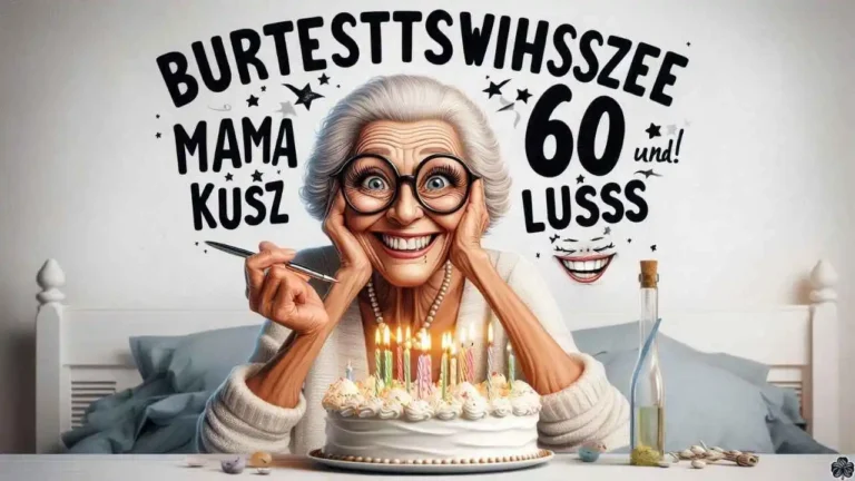 Lustiges Bild zum 60. Geburtstag von Mama mit dem Text 'Geburtstagswünsche Mama 60 | Kurz und lustig'. Das Bild zeigt eine fröhliche Mutter, umgeben von bunten Luftballons, einem großen Geburtstagskuchen mit Kerzen und einer festlichen Atmosphäre.