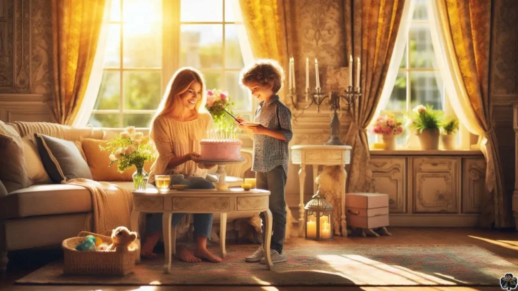 Zwei in warmes Sonnenlicht getauchte Geschwister feiern in einem gemütlichen Wohnzimmer einen Geburtstag. Die Schwester hält einen Kuchen mit flackernden Kerzen für den Geburtstag ihres Bruders.