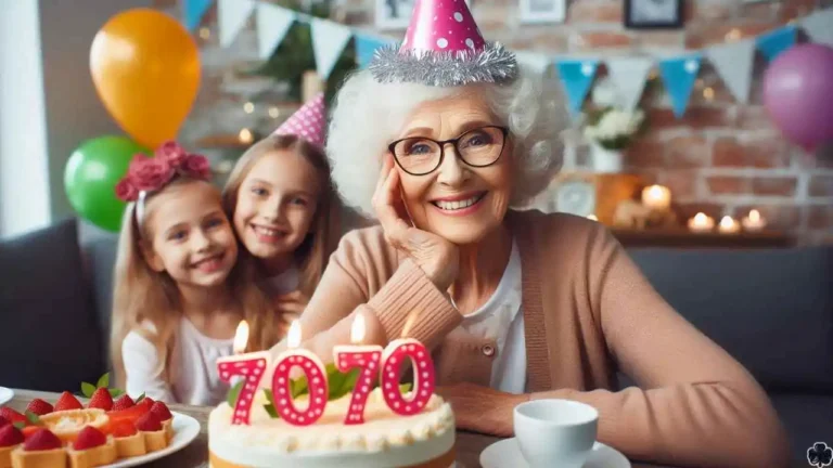 Oma feiert ihren 70. Geburtstag, trägt eine Geburtstagskappe mit der Zahl 70 und isst Kuchen.