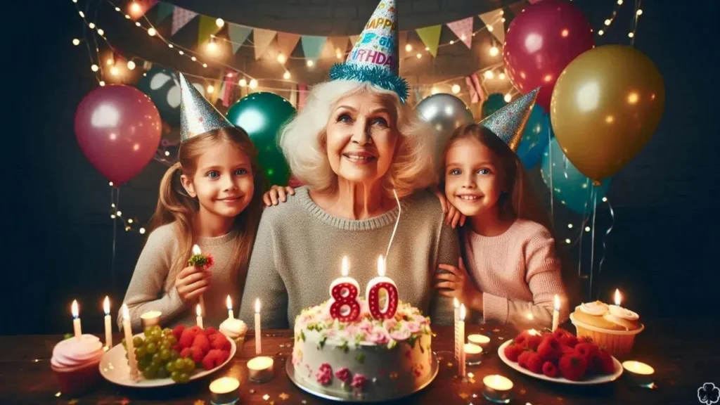 Eine Szene zum 80. Geburtstag mit einer fröhlichen Oma, die eine Geburtstagskappe mit der Zahl 80 trägt.