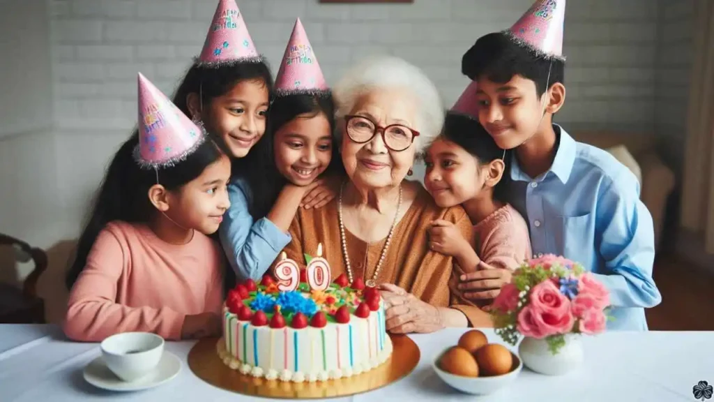 Eine emotionale Feier zum 90. Geburtstag einer Großmutter, umgeben von ihren Enkeln. Sie alle tragen bunte Geburtstagskappen und lächeln freudig. In der Mitte steht eine wunderschön dekorierte Torte mit der Zahl 90 darauf, die den runden Geburtstag symbolisiert.