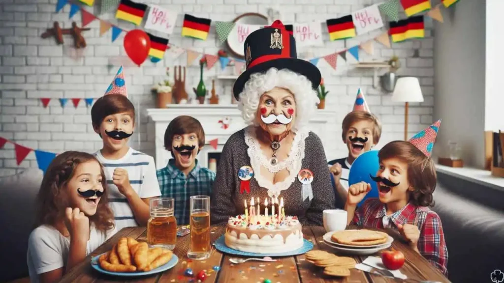 Oma lustiger Geburtstag, umgeben von ihren kichernden Enkelkindern. Sie alle tragen Partyhüte, und der Raum ist mit bunten Luftballons und Luftschlangen geschmückt.