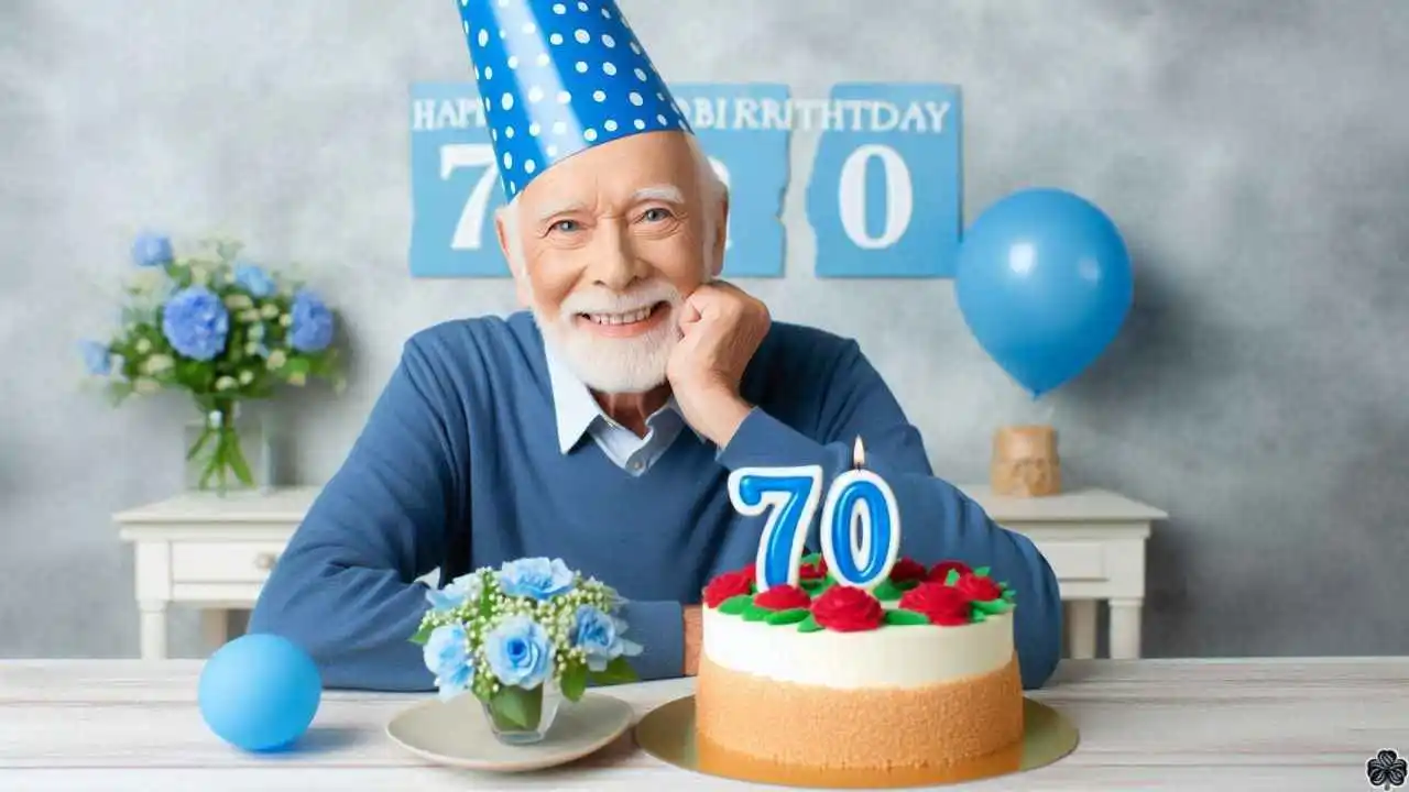 Eine bedeutungsvolle Szene zum 70. Geburtstag mit einem Großvater, der eine Mütze zum 70. Geburtstag trägt und neben einer Torte mit der Zahl 70 steht.