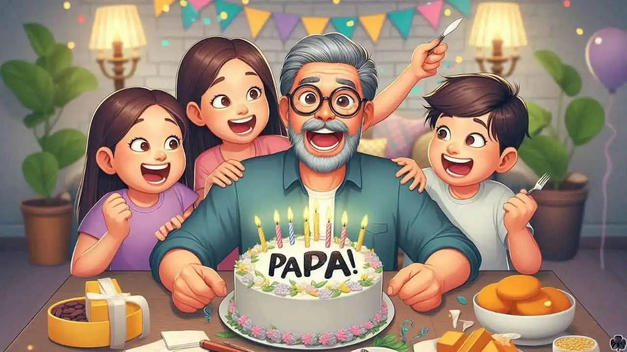 Eine lustige Illustration eines Familientreffens zu Papas" Geburtstag, mit einer bunten Geburtstagstorte mit dem Wort Papa" darauf,