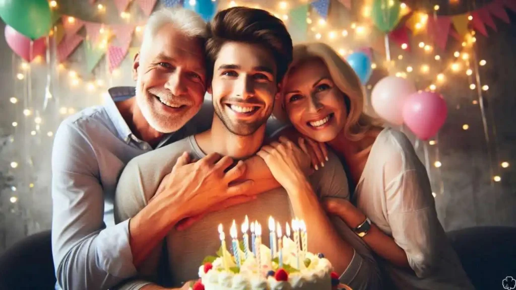 Ein erwachsener Sohn feiert freudig seinen Geburtstag mit seinen liebenden Eltern. Er steht in der Mitte, eingehüllt in eine warme Umarmung mit seiner Mutter und seinem Vater auf beiden Seiten.