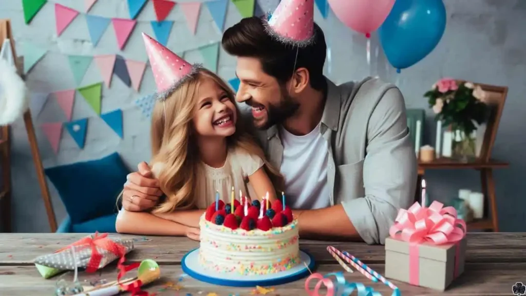 Tochter und Vater feiern ihren Geburtstag, beide tragen Partyhüte und lächeln sich liebevoll vor einer Geburtstagstorte mit Kerzen an, mit bunten Luftballons und Luftschlangen im Hintergrund.