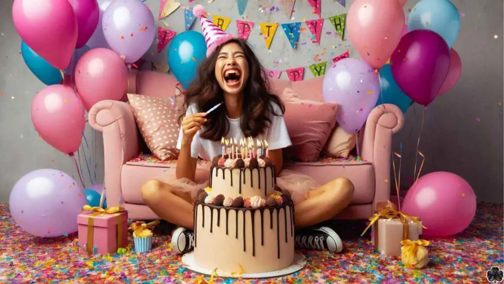 Eine fröhliche Schwester, die von bunten Luftballons umgeben ist, einen Partyhut trägt und einen riesigen Cupcake mit Wunderkerzen in der Hand hält.