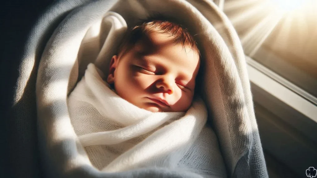 Eine Nahaufnahme eines neugeborenen, friedlich schlafenden Jungen, eingewickelt in eine weiche weiße Decke. Sonnenlicht strömt durch ein Fenster und wirft einen warmen Schein auf das Gesicht des Babys.