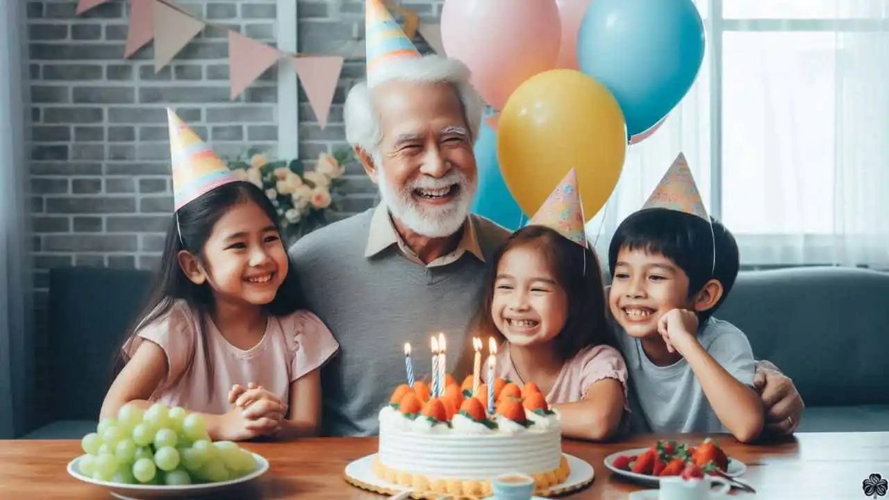 Großvater mit Geburtstagskappe, der seinen Geburtstag mit seinen Enkeln feiert, umgeben von einer Torte und Luftballons, die Glück und eine attraktive Atmosphäre widerspiegeln.