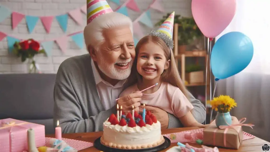 Großvater feiert Geburtstag mit Enkelin, beide tragen Geburtstagskappen und sind von bunten Geburtstagsdekorationen umgeben. Sie lächeln und genießen den Moment zusammen.