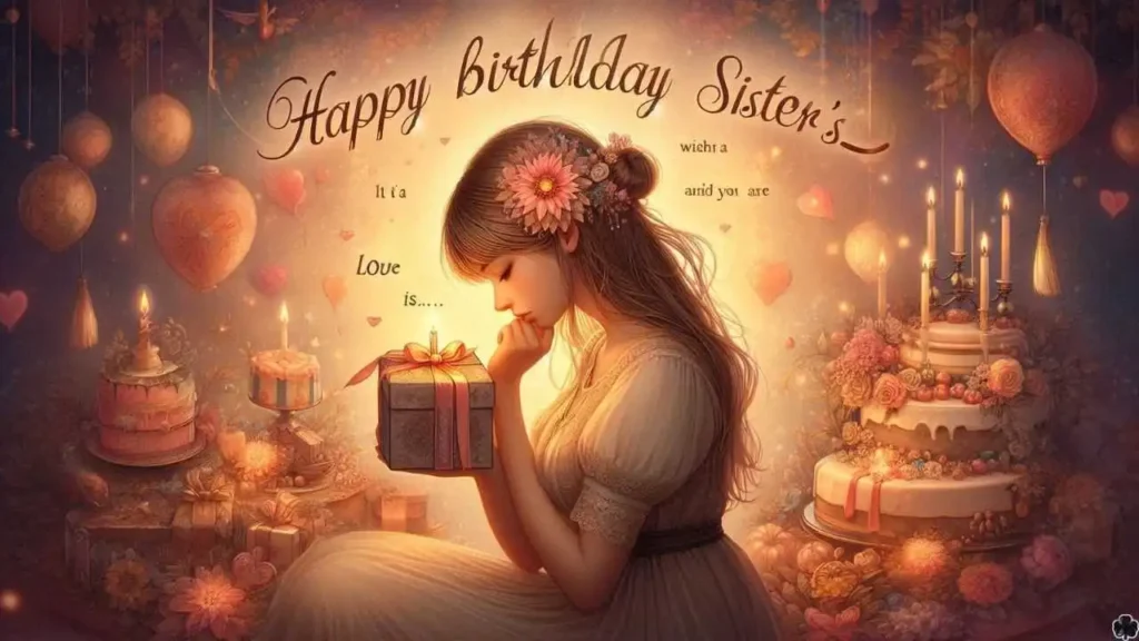 Eine schöne, emotionale Geburtstagsszene mit einer Schwester, die ein Geschenk hält. Sie ist umgeben von Kuchen, Blumen und leuchtenden Lichtern,