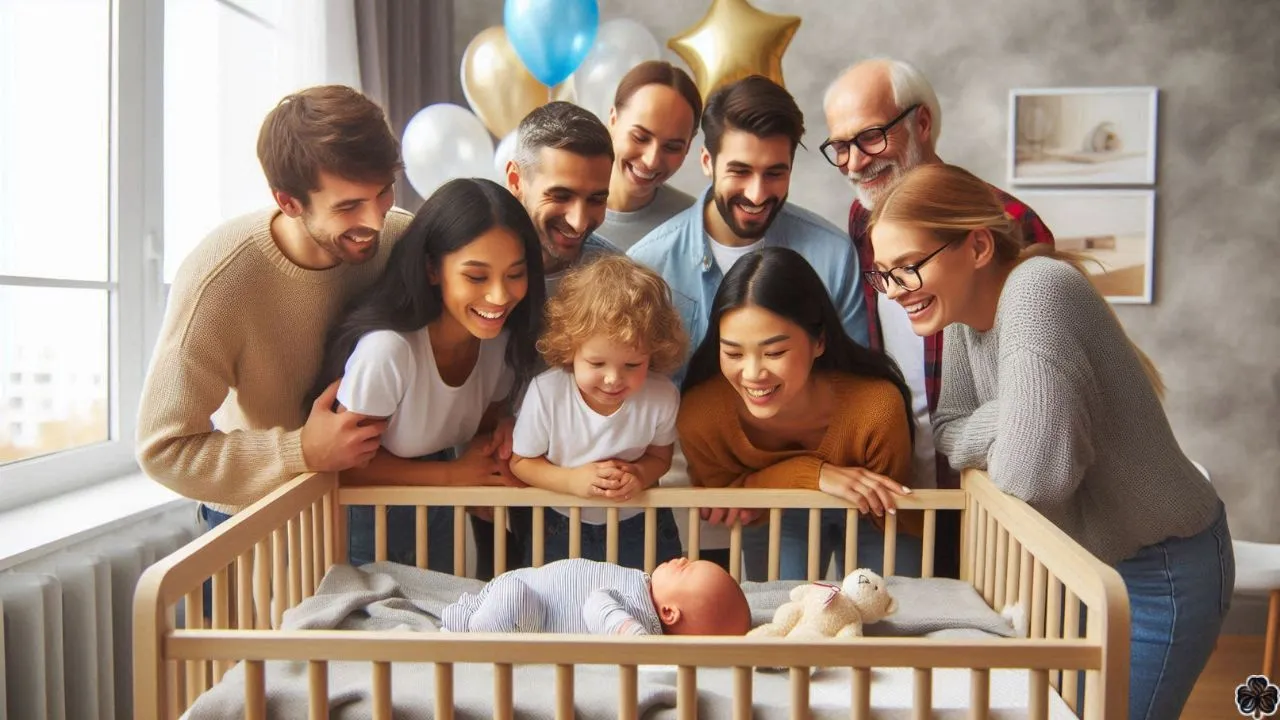 Eine bunt gemischte Gruppe von Menschen versammelt sich um eine Krippe und lächelt voller Liebe und Freude auf ein neugeborenes Baby herab. Der Raum ist mit Luftballons und Babyartikeln dekoriert, was eine warme und einladende Atmosphäre schafft.