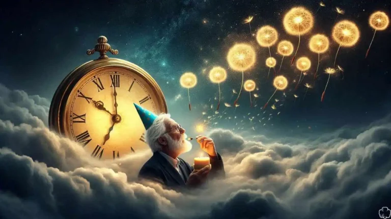 Eine fotorealistische Illustration eines Nachthimmels mit sanften Wolkenfetzen. Eine Standuhr mit einem warmen goldenen Schimmer auf dem Zifferblatt schwebt sanft zwischen den Wolken am Geburtstag.