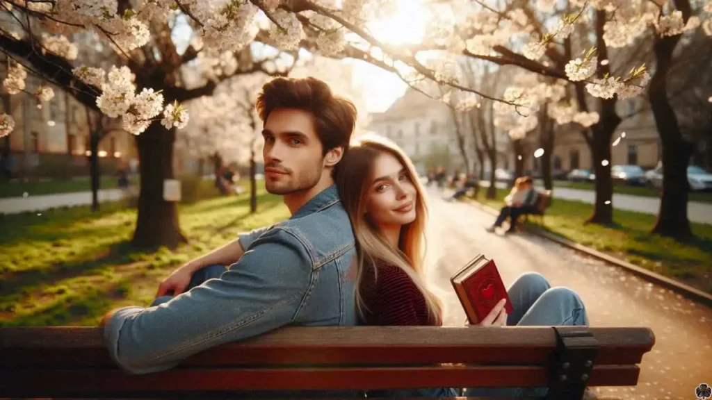 Ein junges Paar sitzt Rücken an Rücken auf einer Parkbank unter einem blühenden Baum. Die Nachmittagssonne taucht die Szene in warmes Licht.