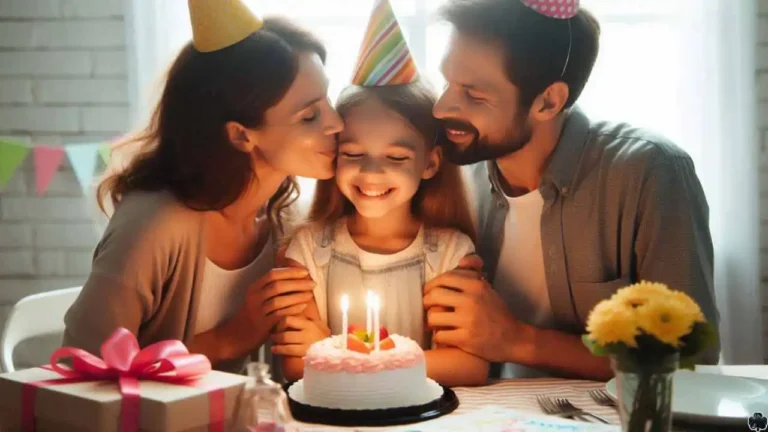 Fröhliche Geburtstagsumarmung: Ein junges Mädchen mit einem strahlenden Lächeln trägt eine bunte Geburtstagskappe, während sie liebevoll von ihren Eltern umarmt wird.