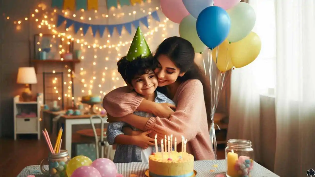 Ein kleiner Sohn, der eine Geburtstagsmütze trägt, umarmt seine Mutter inmitten eines mit pastellfarbenen Luftballons, Luftschlangen und einem Tisch mit einer Geburtstagstorte geschmückten Raumes und vermittelt so eine tiefe emotionale Verbundenheit und Feier.