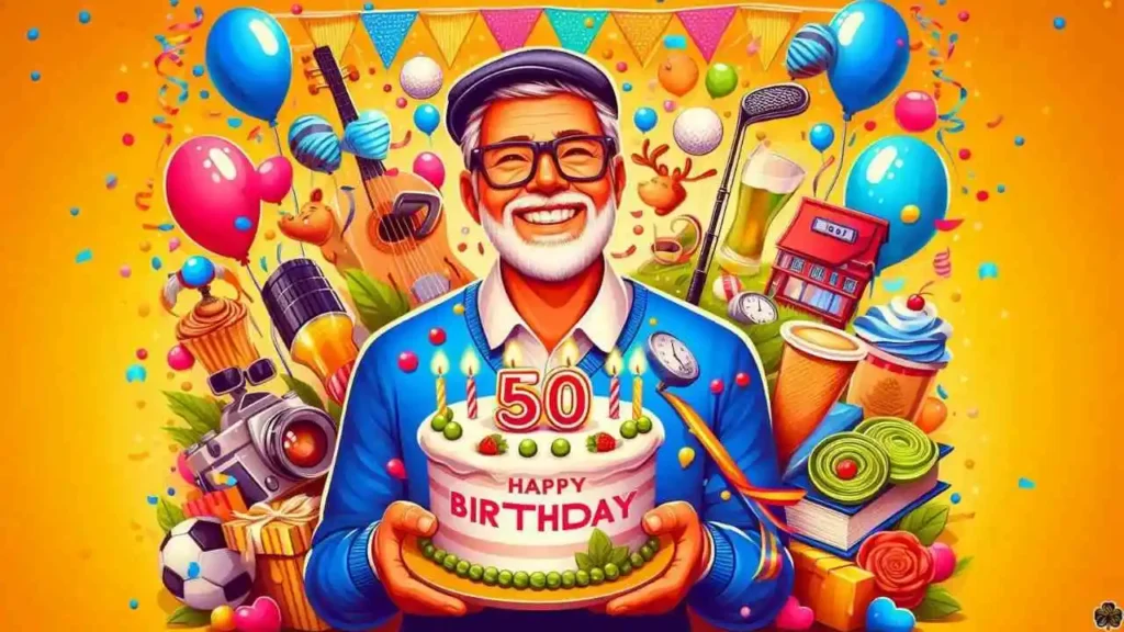 Ein lebhaftes und herzerwärmendes Bild zum 50. Geburtstag für Papa mit einem fröhlichen Hintergrund, bunten Luftballons, Konfetti und einem "Happy 50th Birthday"-Banner,