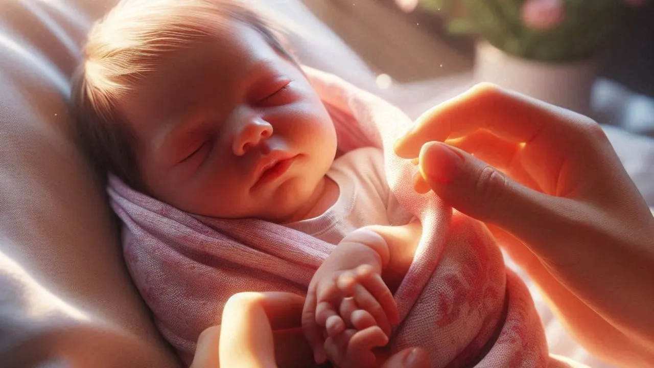 Ein neugeborenes Mädchen, eingewickelt in eine rosa-weiße Decke, liegt in einem Bett. Sonnenlicht strömt durch das Fenster und erhellt den Raum.