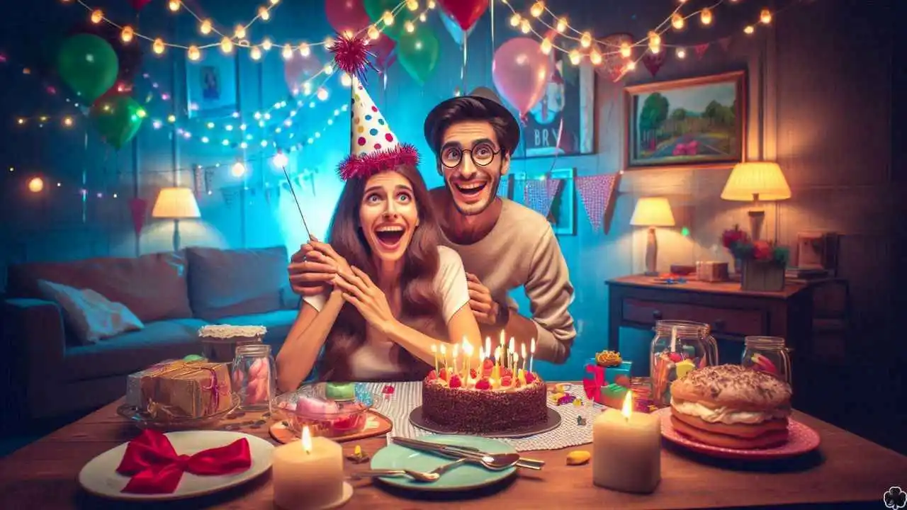 Eine lustige Frau Geburtstag Beschleunigung tragen Geburtstag Kappen, feiern mit ihrem Mann