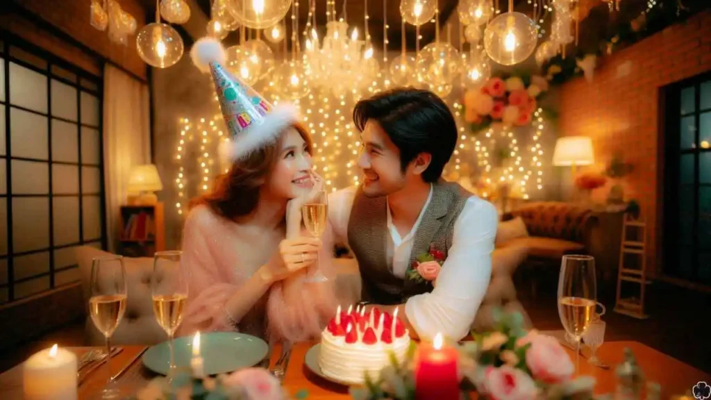 Eine Frau mit einer Geburtstagskappe, die ihren Geburtstag mit ihrem Mann feiert, umgeben von festlicher Dekoration und Beleuchtung.